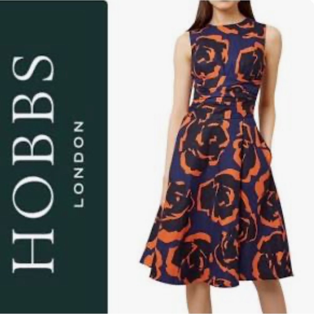 HOBBS | Abstract Print Sleeveless Dress - Navy, Black  and Orange